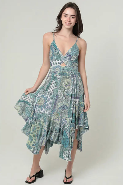Twist Front Triangle Cut-Out Asymmetrical Hem Midi Dress Blue Print / L