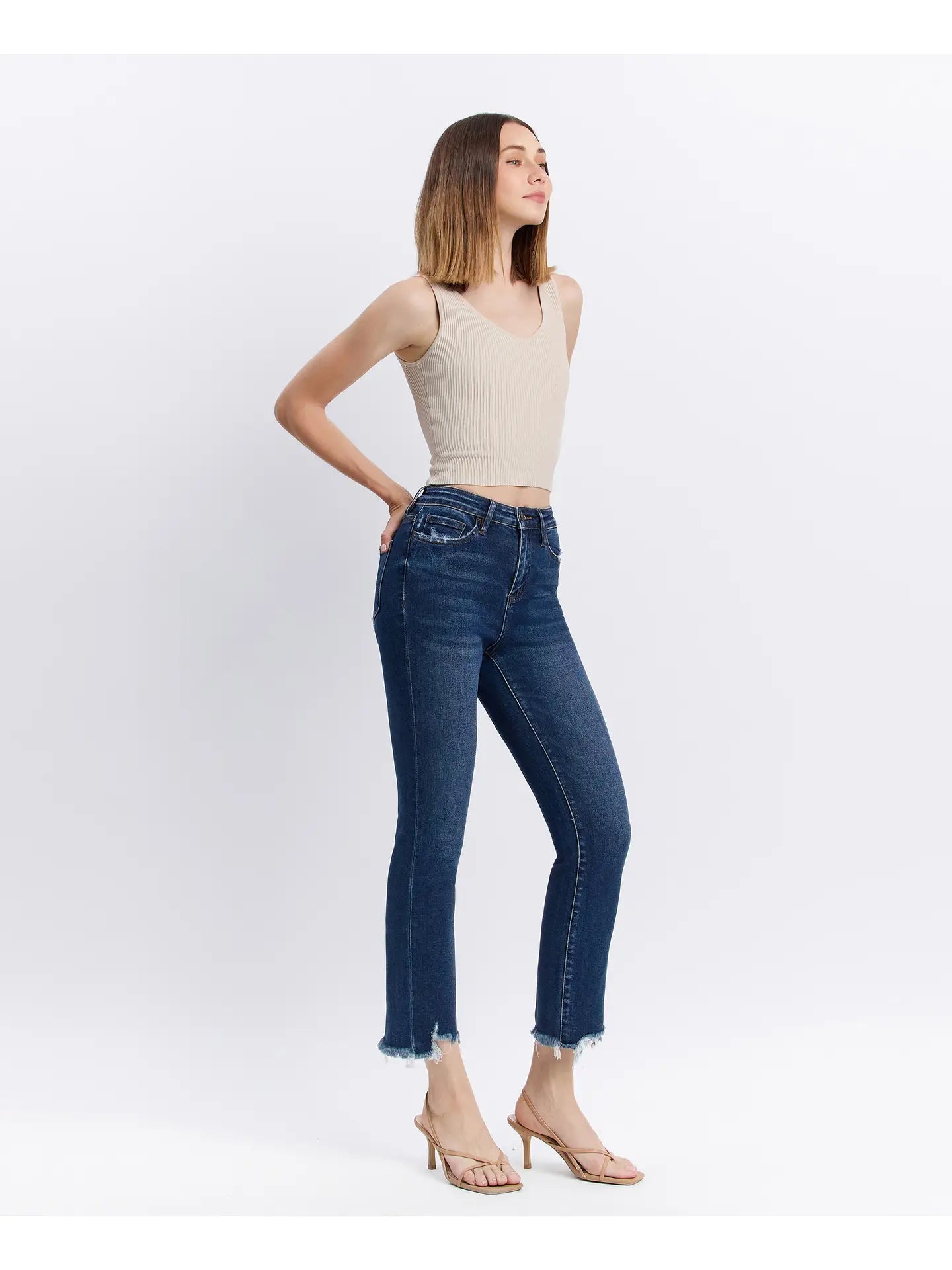 Vervet Dark Wash High Rise Distressed Hem Kick Flare Jeans