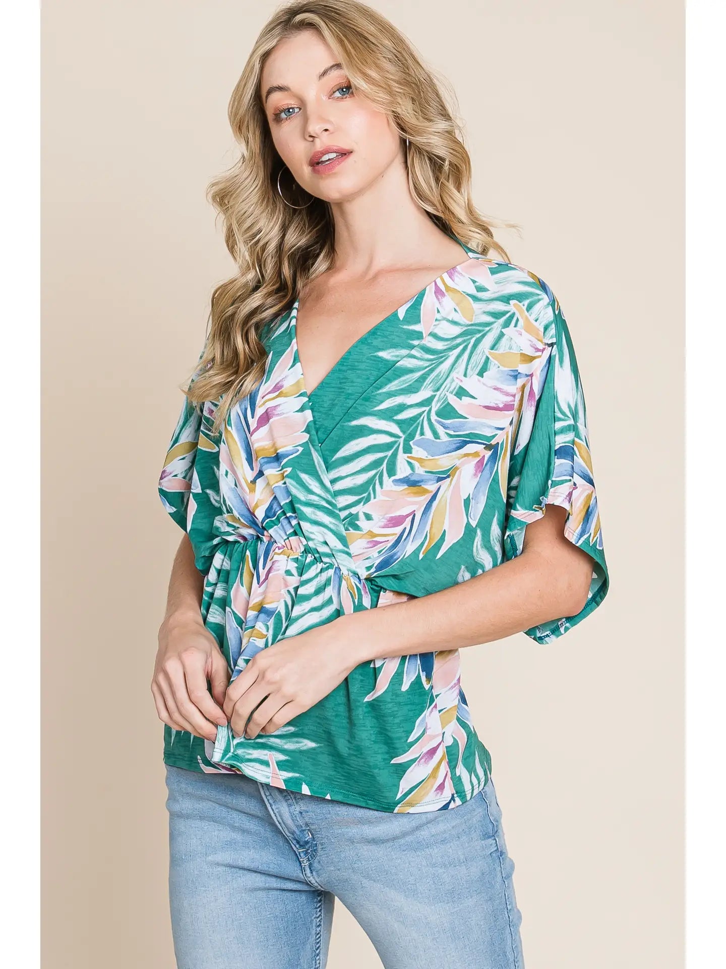 Green Summery Tropical Plants Wrap Blouse