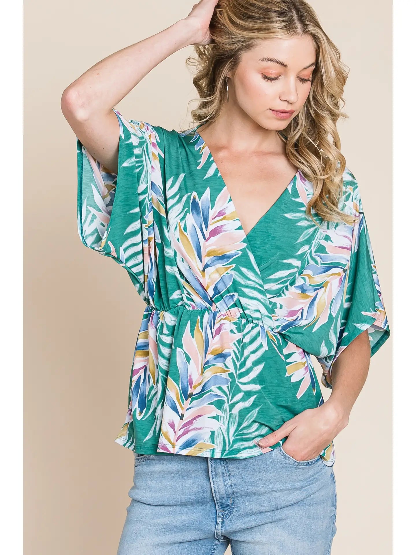 Green Summery Tropical Plants Wrap Blouse