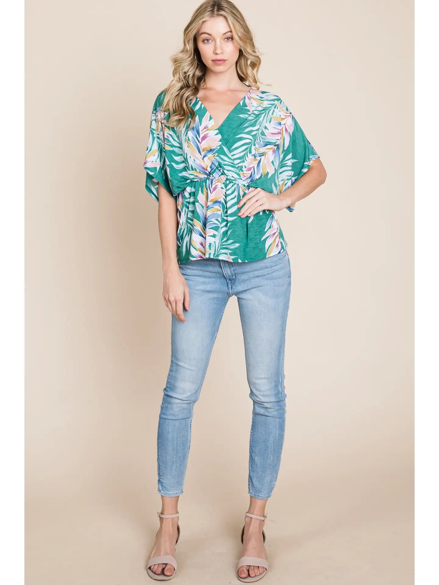 Green Summery Tropical Plants Wrap Blouse