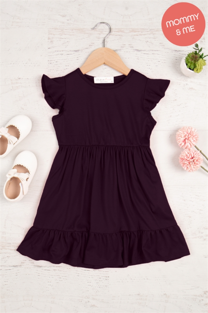Kids Ruffle Sleeved Empire Waist Shirring Dress Burgundy / 5T Kids Ruffle Sleeved Empire Waist Shirring Dress Burgundy / 5T