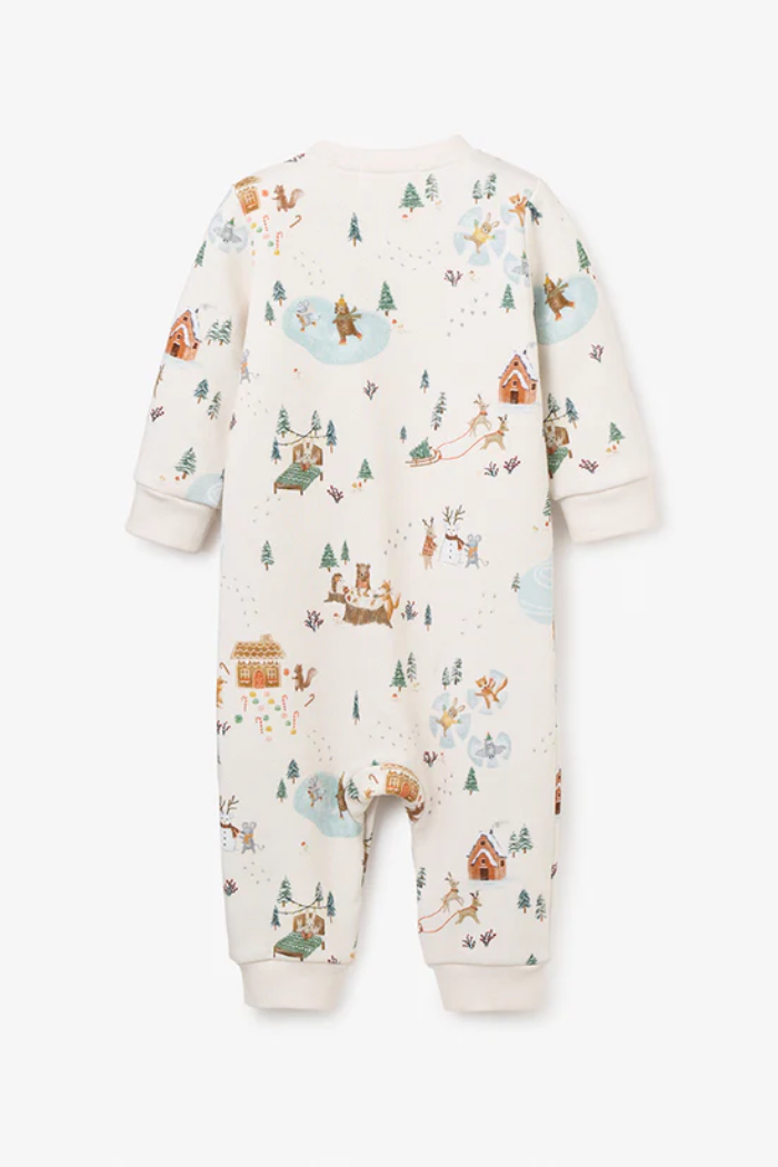 WHIMSICAL WINTER WONDERLAND PRINTED FLEECE JUMPSUIT