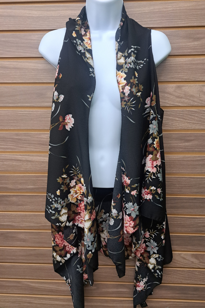 Long flowy floral open vest Black ONE SIZE