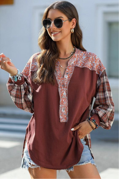 Floral Plaid Mixed Print Bishop Sleeve Patchwork Top – Shoptiques