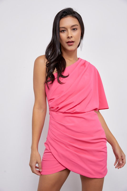 one shoulder wrap mini dress One Shoulder Wrap Dress PARADISE PINK / S