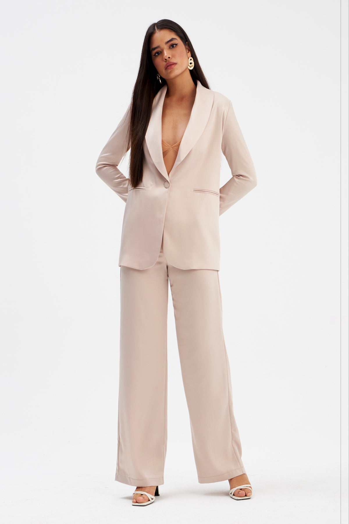 High Waist Satin Trousers - Beige-Bottom-Sateen-LussoCA