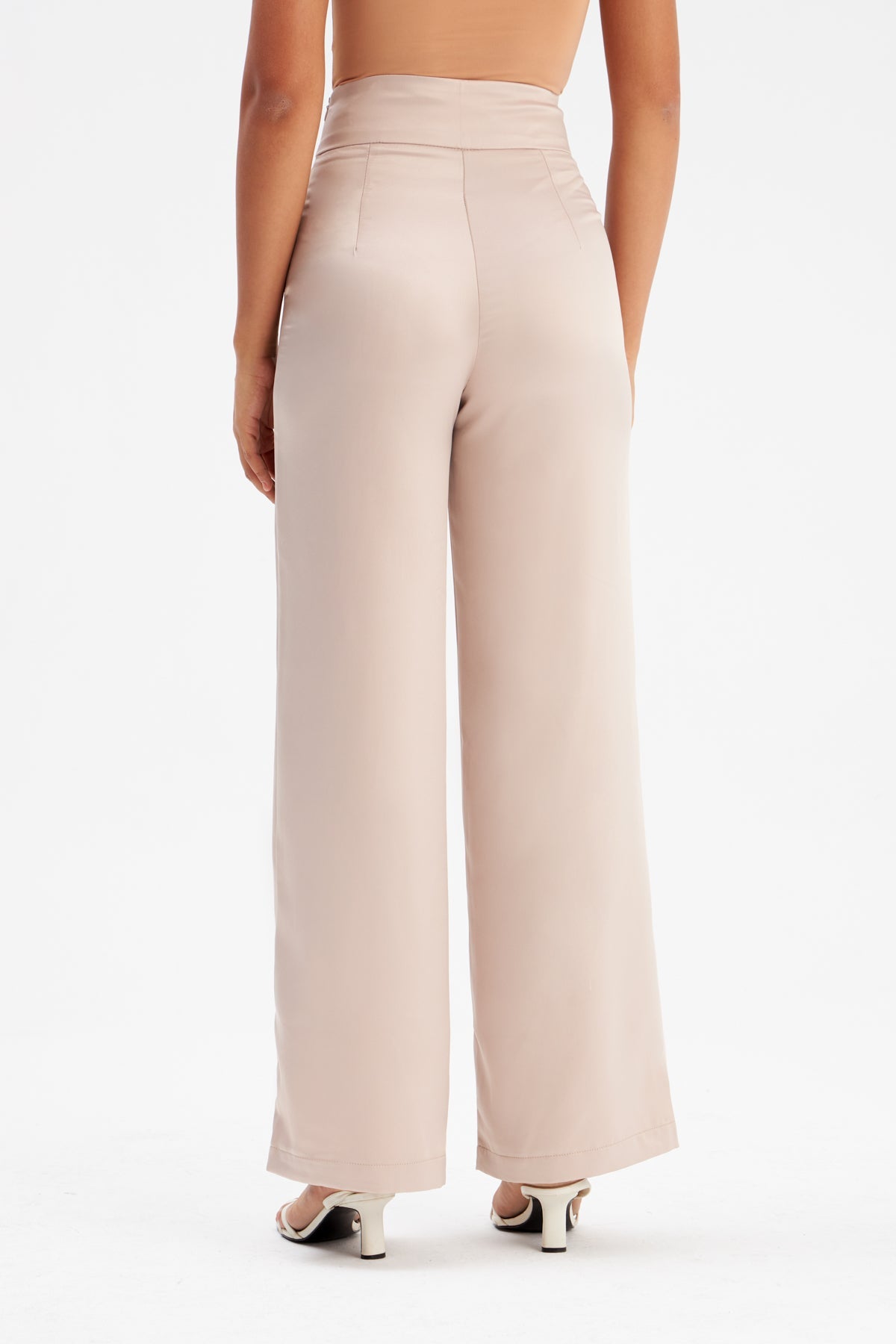 High Waist Satin Trousers - Beige-Bottom-Sateen-LussoCA