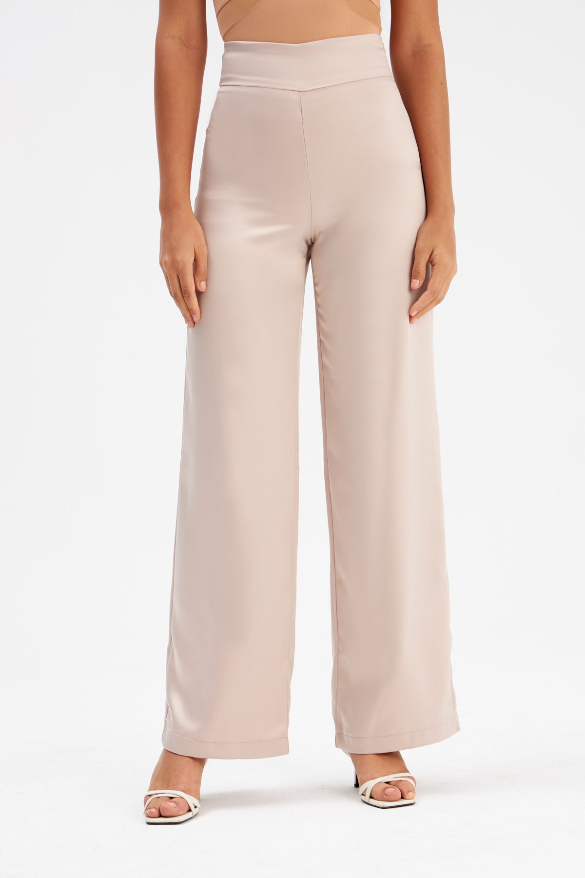 High Waist Satin Trousers - Beige-Bottom-Sateen-LussoCA