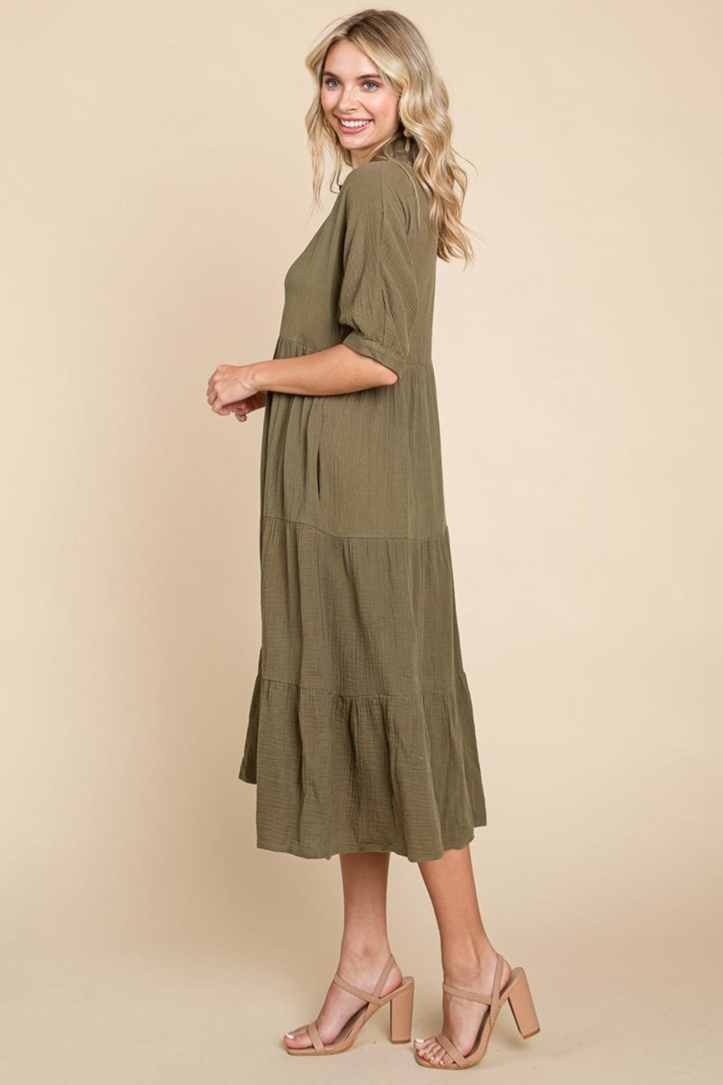 Double Gauze Tiered Cotton Midi Shirt Dress Black / M